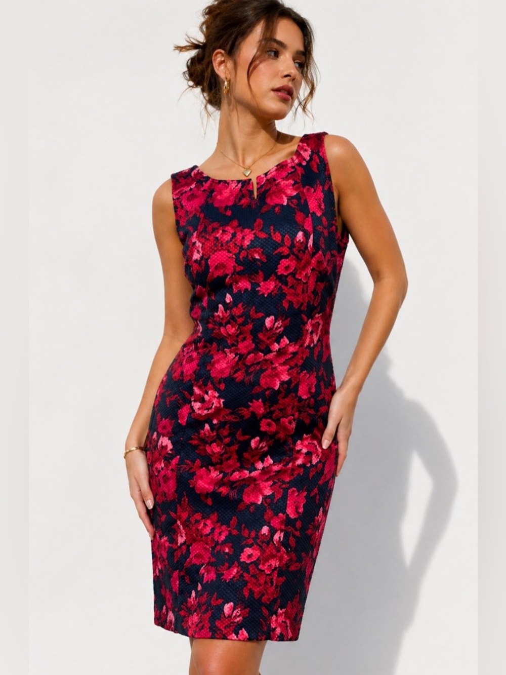 Talbots 12P Red Black Floral Sheath Dress Petite Textured Career Wedding Spring